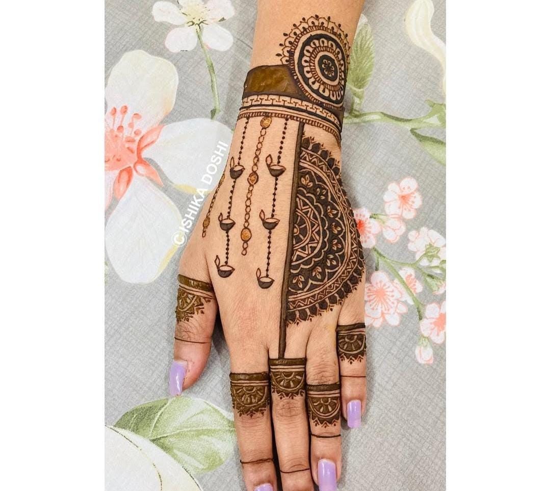 A person showing henna on their hands with a magenta background