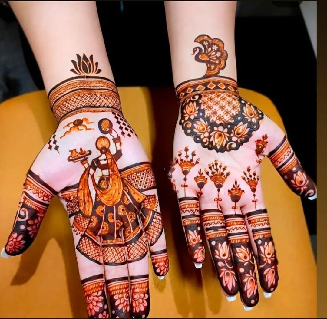 A person showing henna on their hands with a grey background