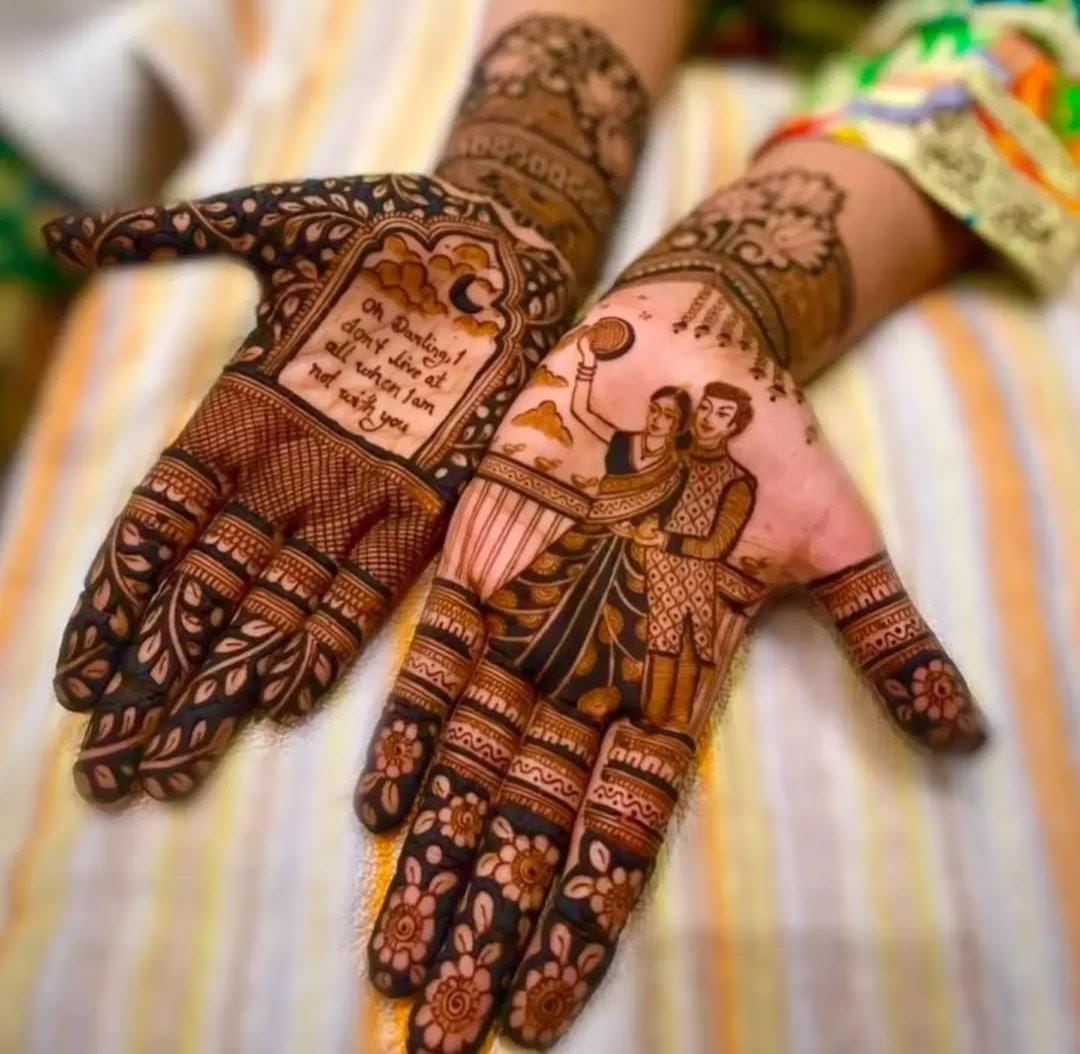 A person showing henna on their hands with a black background