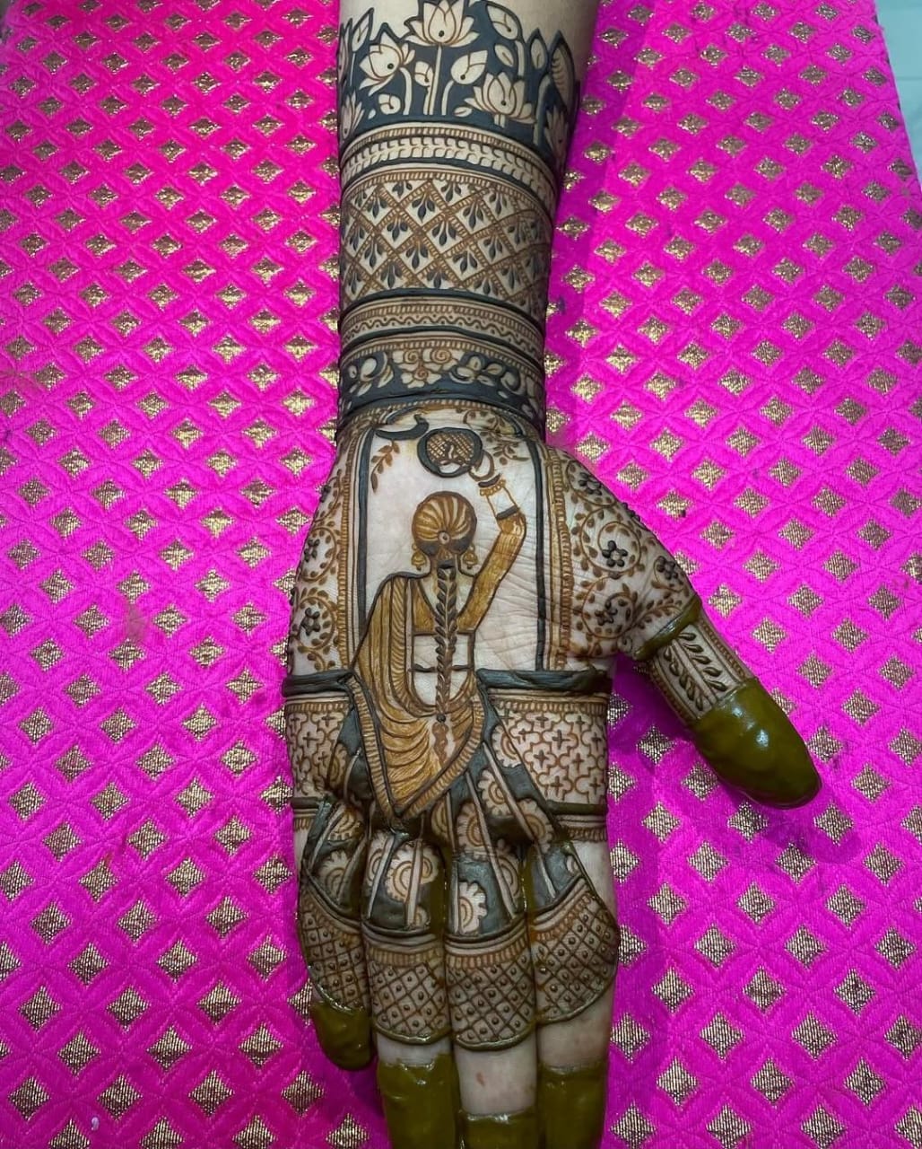 A person showing henna on their hands with a colorful background