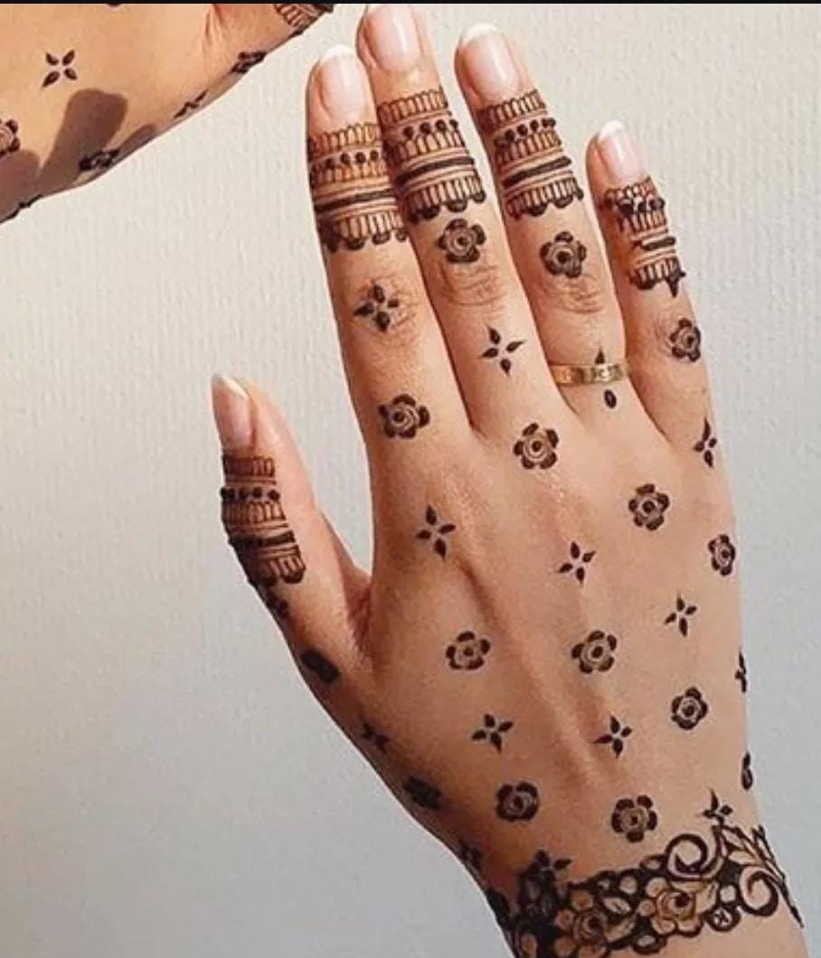 A person showing henna on their hands with a blue background