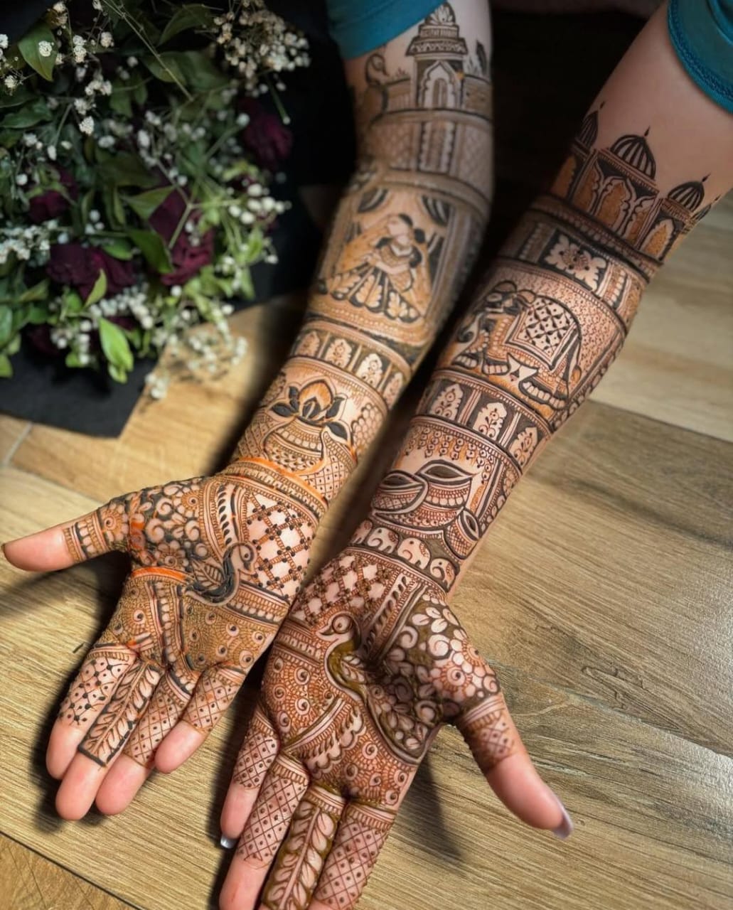 Intricate bridal mehndi design on hands and forearms