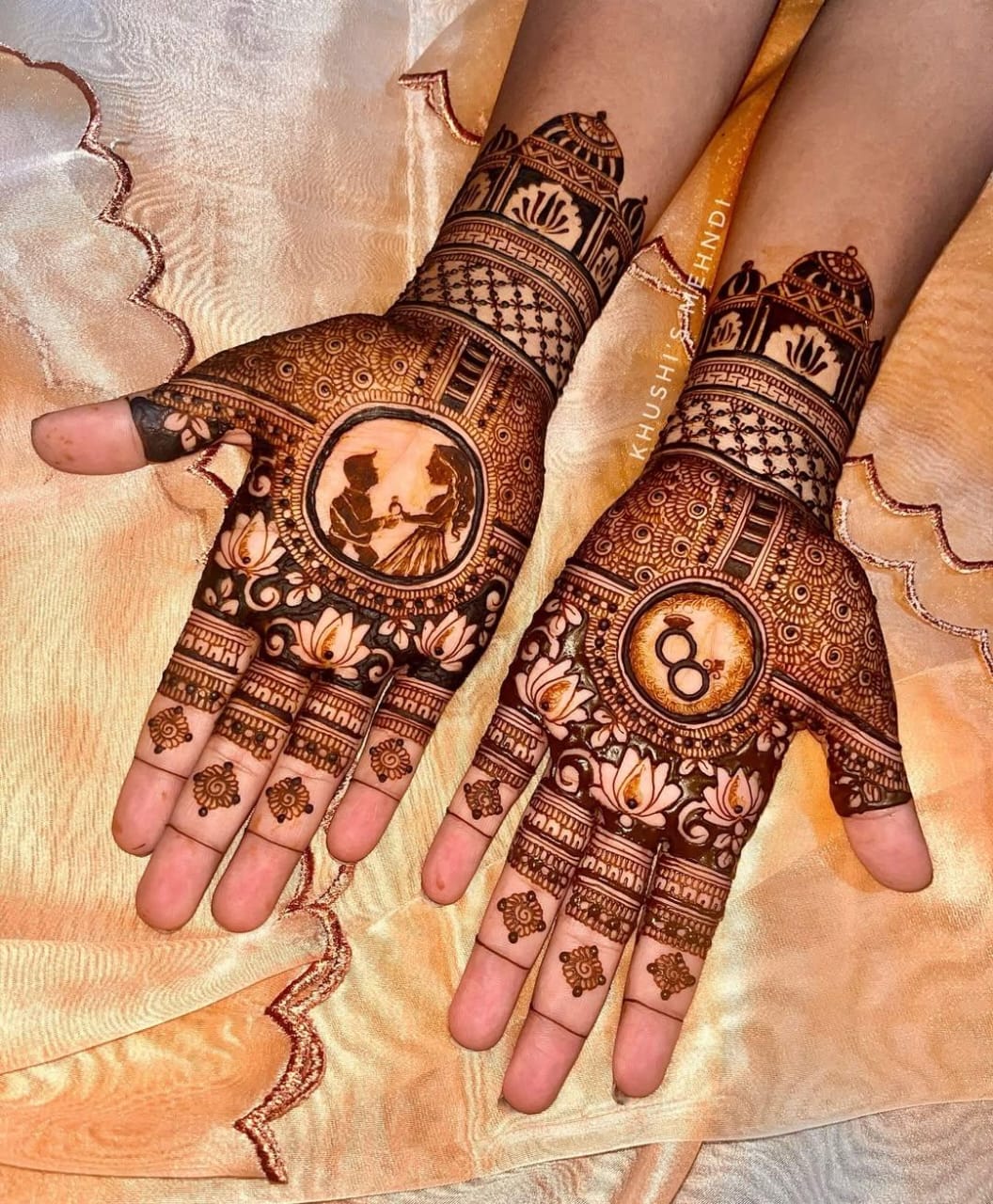 A detailed Engagement Mehndi design featuring intricate patterns and romantic motifs