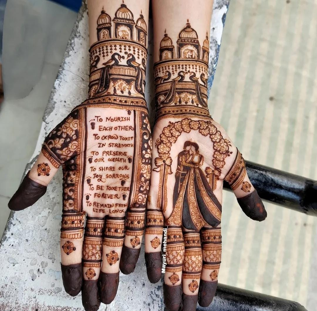 Engagement Mehndi design with heart motifs