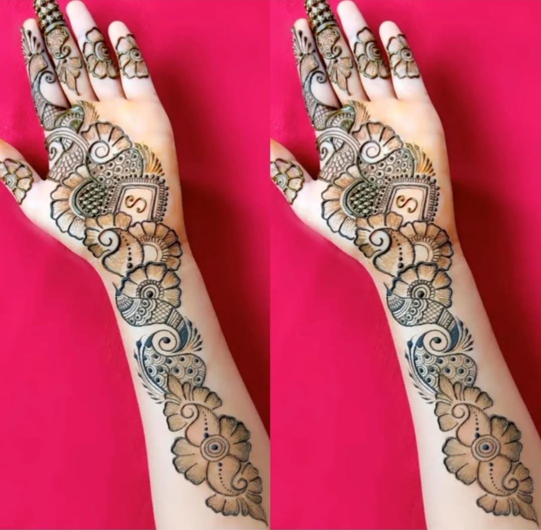 Sangeet & Haldi Mehndi design with bracelet-like patterns